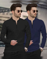 (Pack Of 2) Full Sleeve Henley Neck T-shirts / Black & Navy