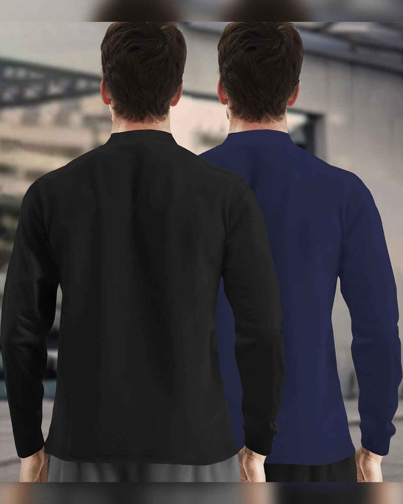 (Pack Of 2) Full Sleeve Henley Neck T-shirts / Black & Navy