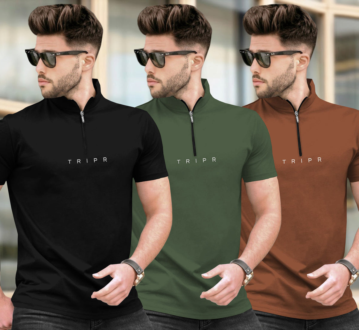 (Pack Of 3) High Neck Half Sleeve Plain T-shirts Multicolor