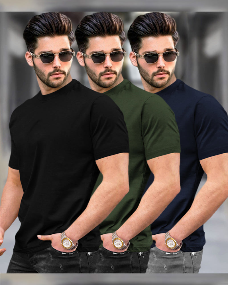 Mens Round Neck Plain Half Sleeve T-shirts (Pack Of 3) - Black | Olivegreen | Navyblue