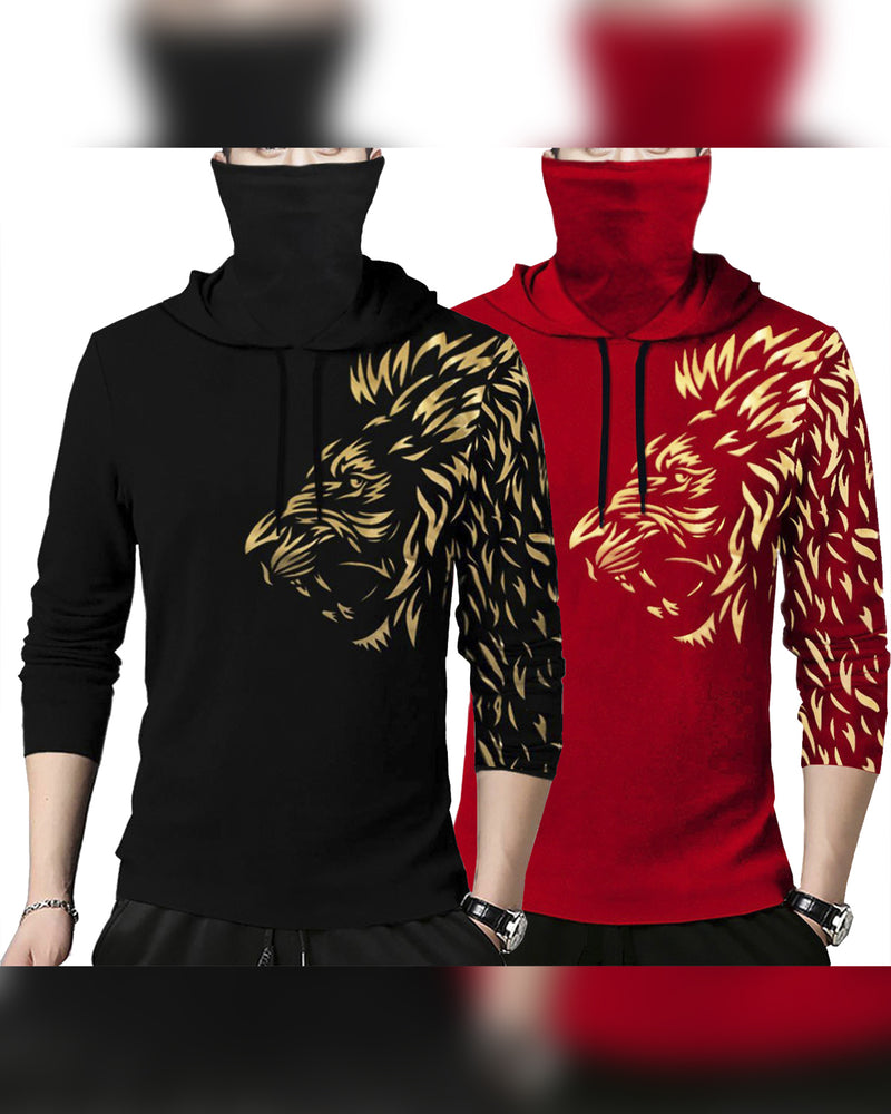 PACK OF 2 | Lion Printed Hooded Mask T-shirt | BLACK & RED