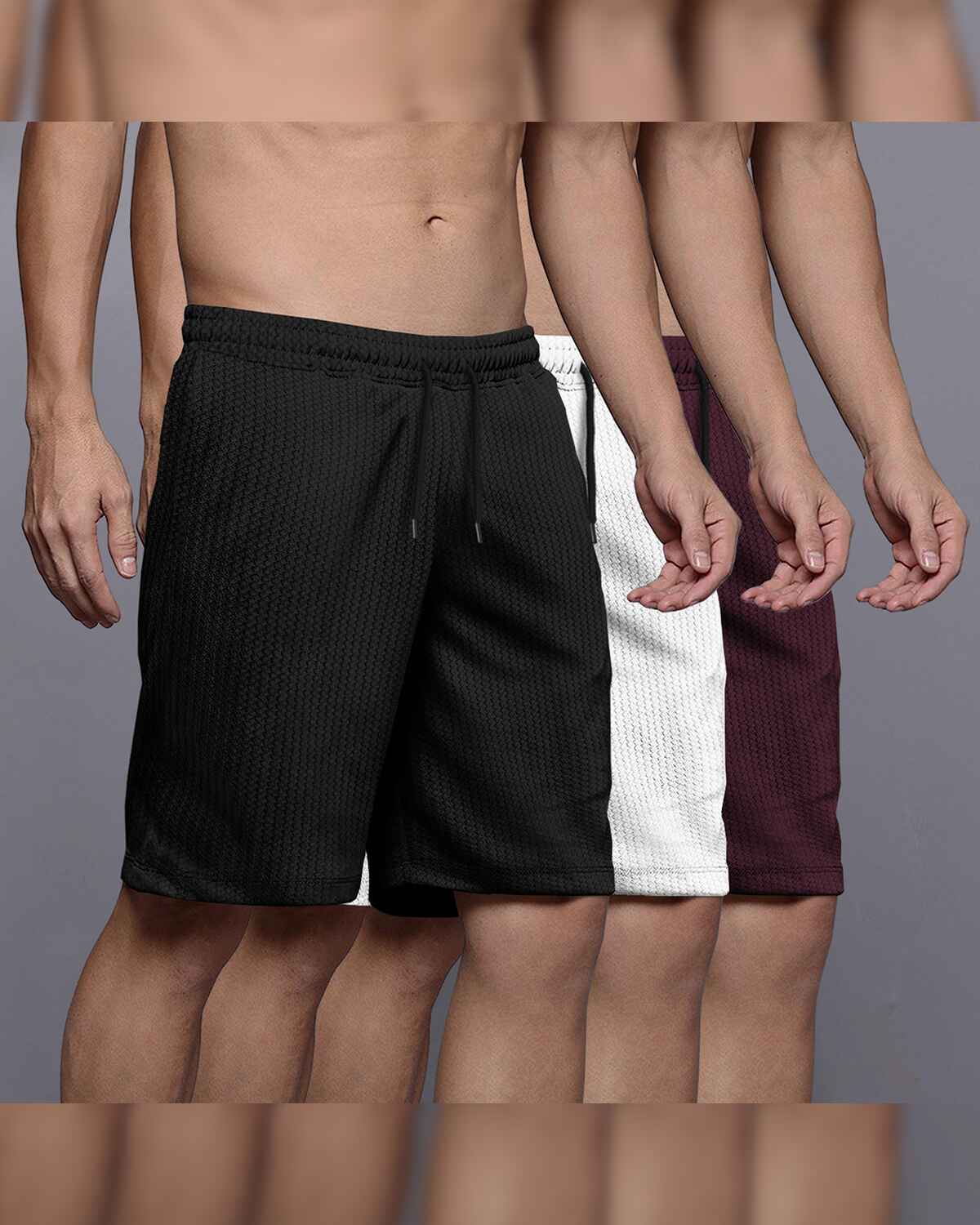 (Pack Of 3) Men Plain Black-White-Maroon Waffle Shorts