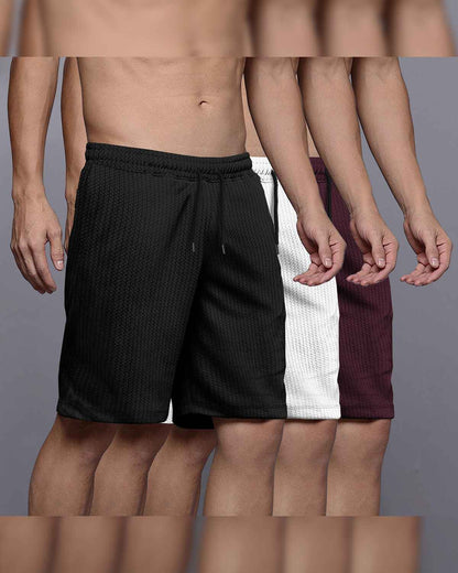 (Pack Of 3) Men Plain Black-White-Maroon Waffle Shorts