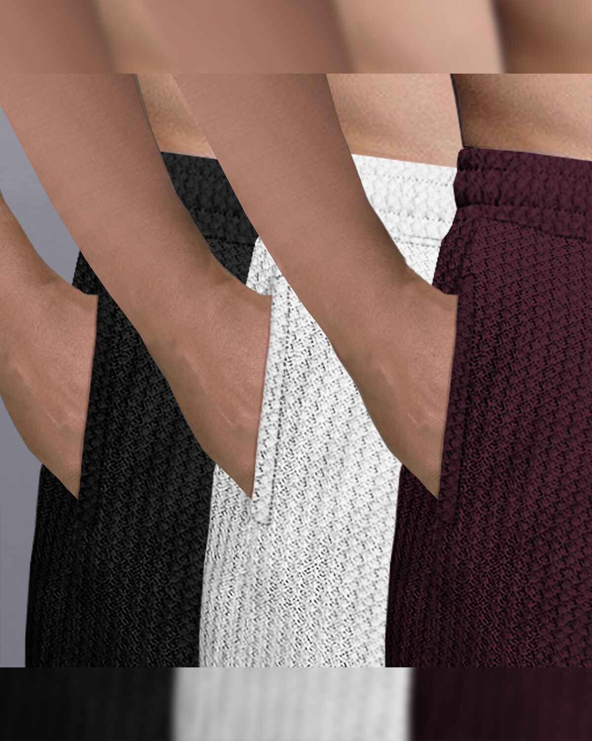 (Pack Of 3) Men Plain Black-White-Maroon Waffle Shorts