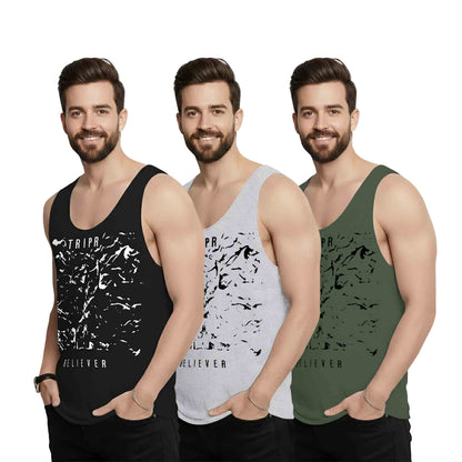 Men Believer Printed Vest  (Pack of 3) | black - grey- green