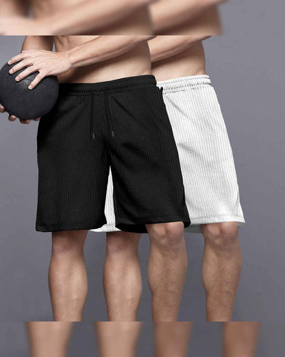 (Pack Of 2) Men Plain Black & White Waffle Shorts