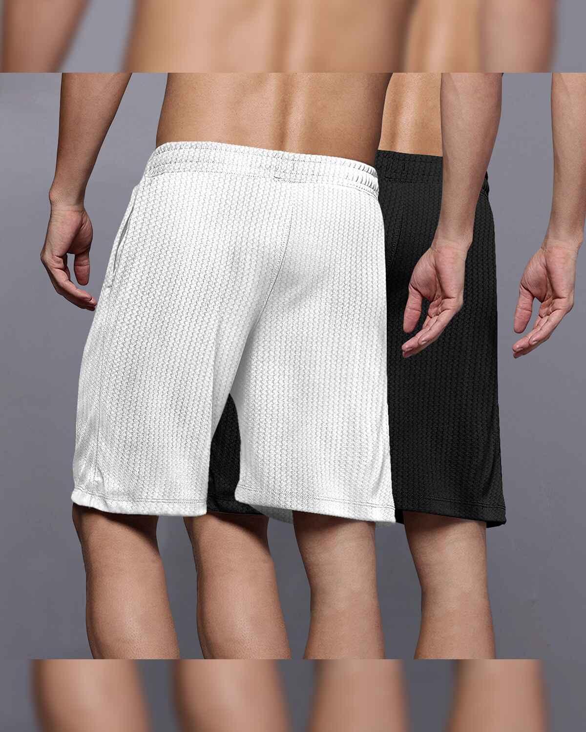 (Pack Of 2) Men Plain Black & White Waffle Shorts