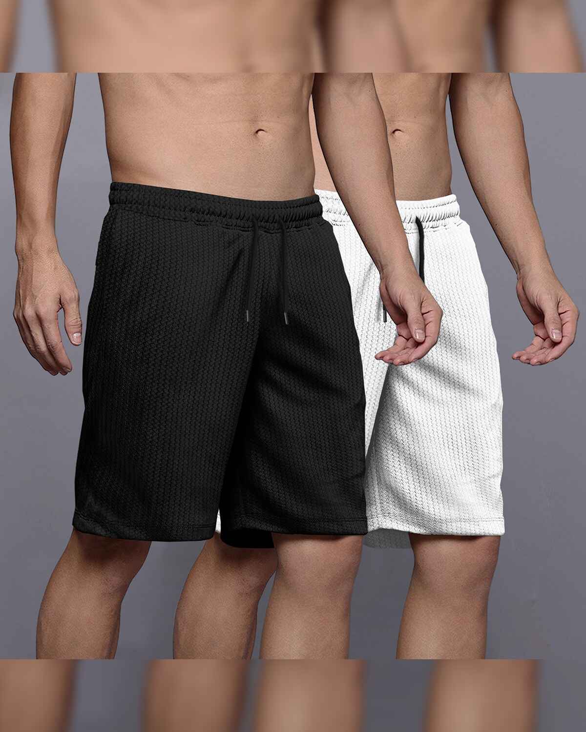 (Pack Of 2) Men Plain Black & White Waffle Shorts