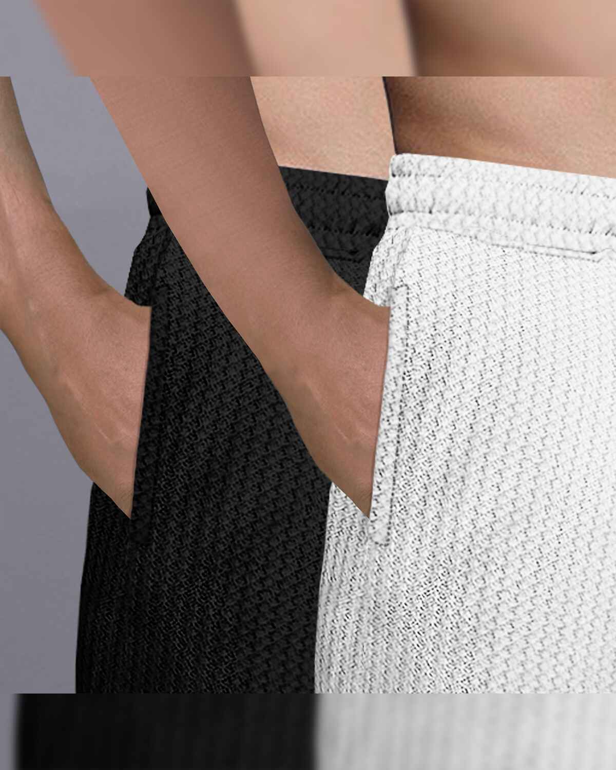 (Pack Of 2) Men Plain Black & White Waffle Shorts