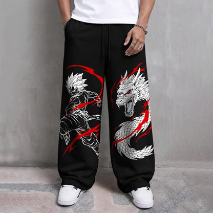 Mens Printed Design Baggy Fit Trackpant Black