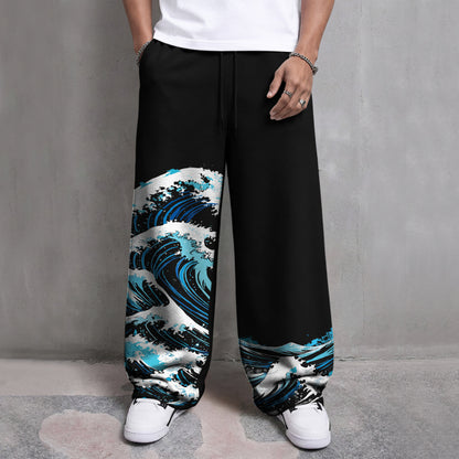 Mens Printed Design Baggy Fit Trackpant Black