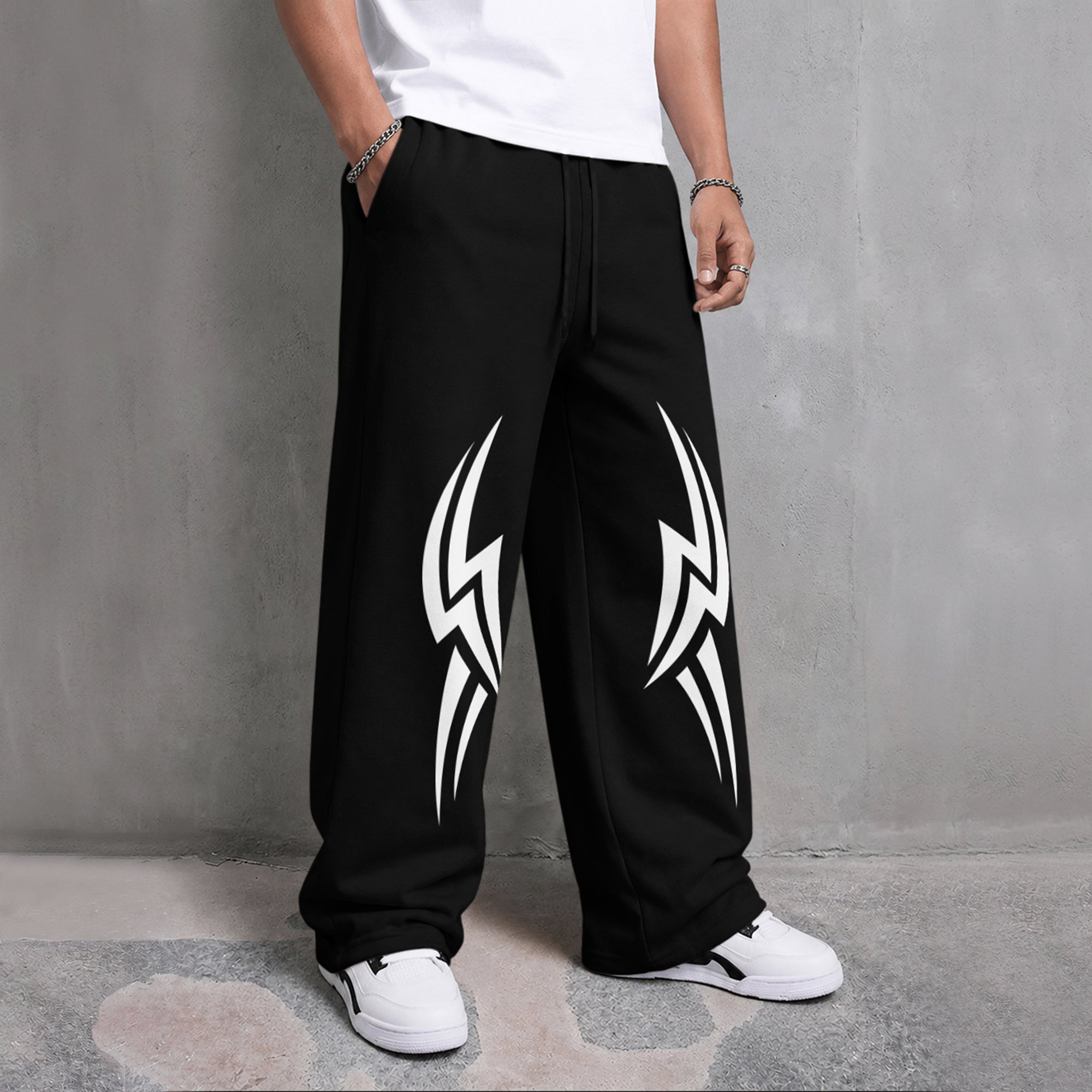 Mens Printed Design Baggy Fit Trackpant Black