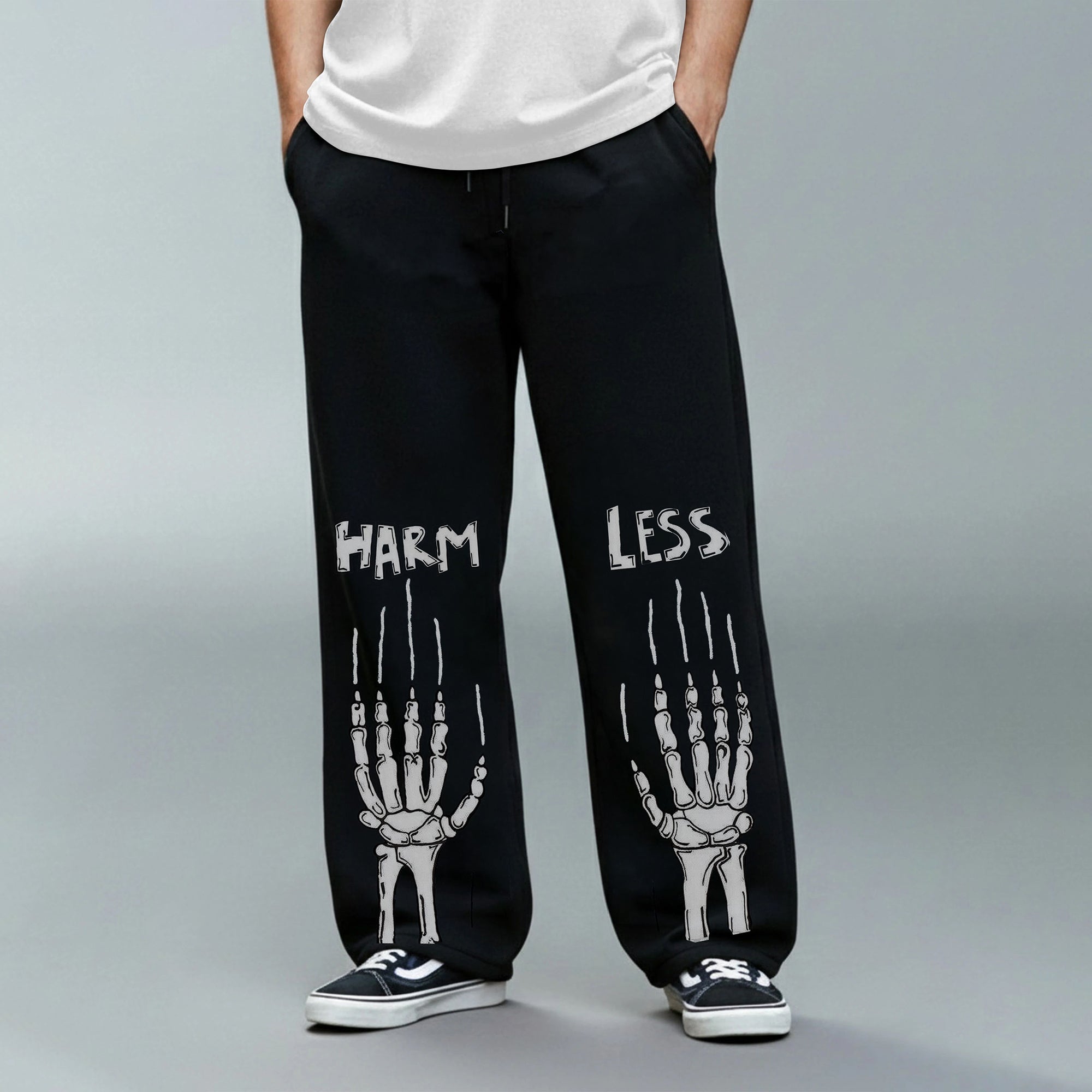 Mens Baggy Fit "WARM LESS" Printed Trackpant Black