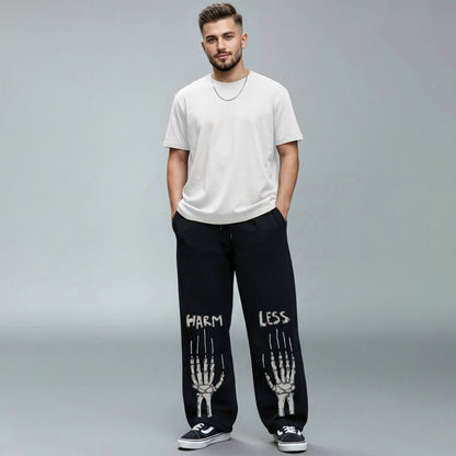 Mens Baggy Fit "WARM LESS" Printed Trackpant Black