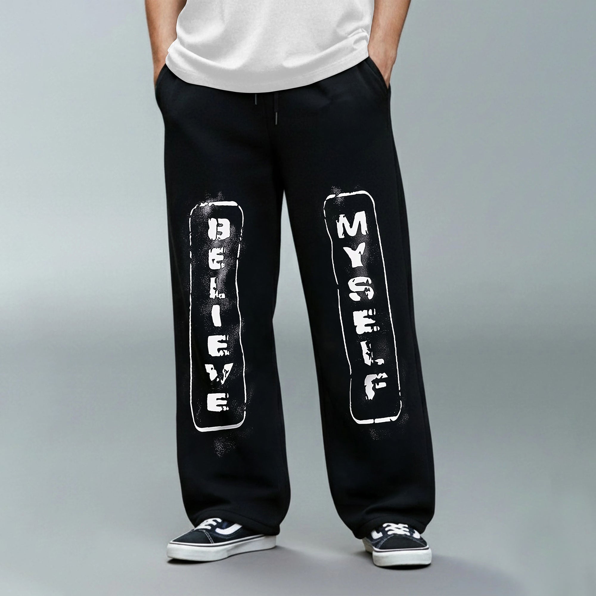 Mens Baggy Fit "MYSELF" Printed Trackpant Black