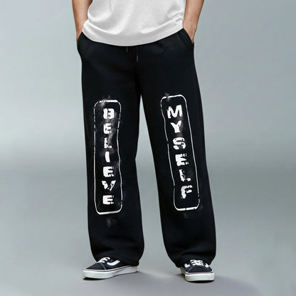 Mens Baggy Fit "MYSELF" Printed Trackpant Black