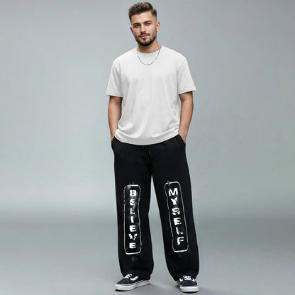 Mens Baggy Fit "MYSELF" Printed Trackpant Black