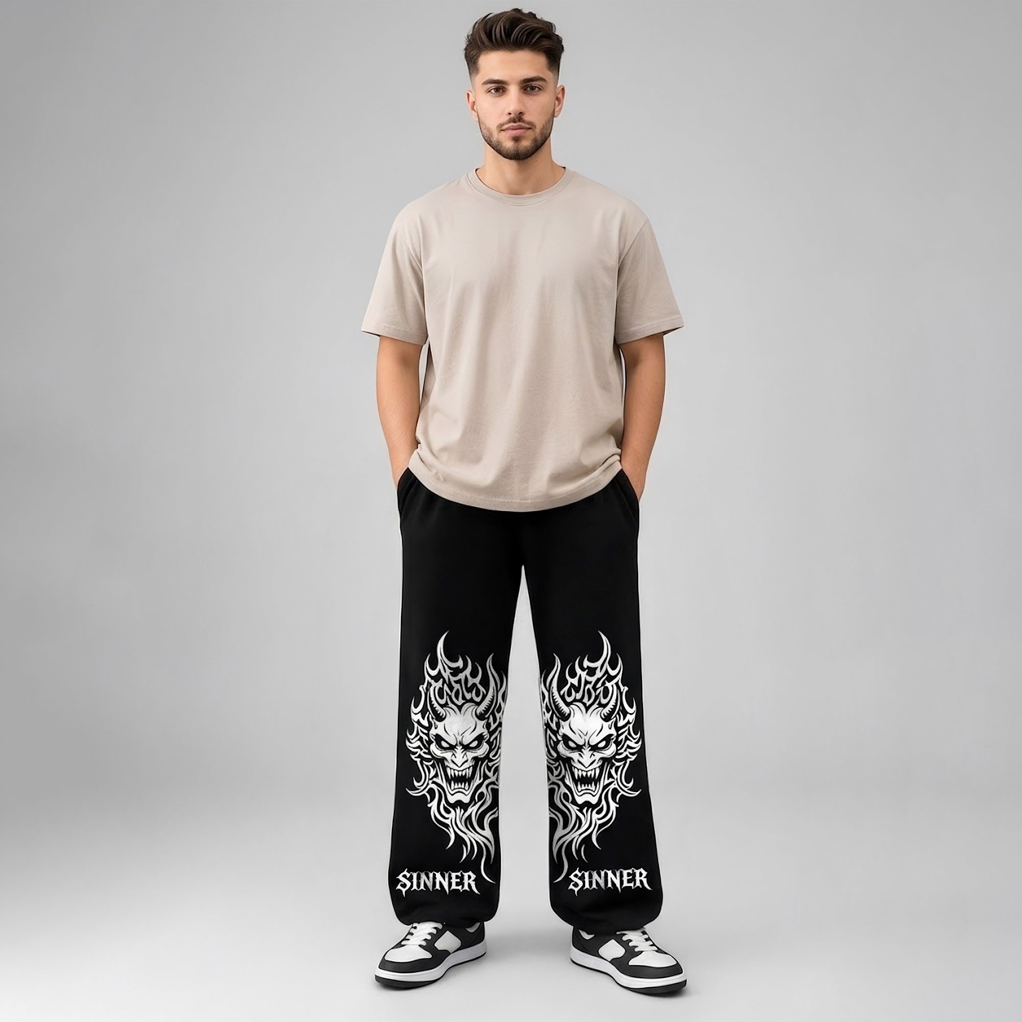 Mens Loose Fit "SINNER" Printed Trackpant Black