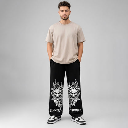 Mens Loose Fit "SINNER" Printed Trackpant Black