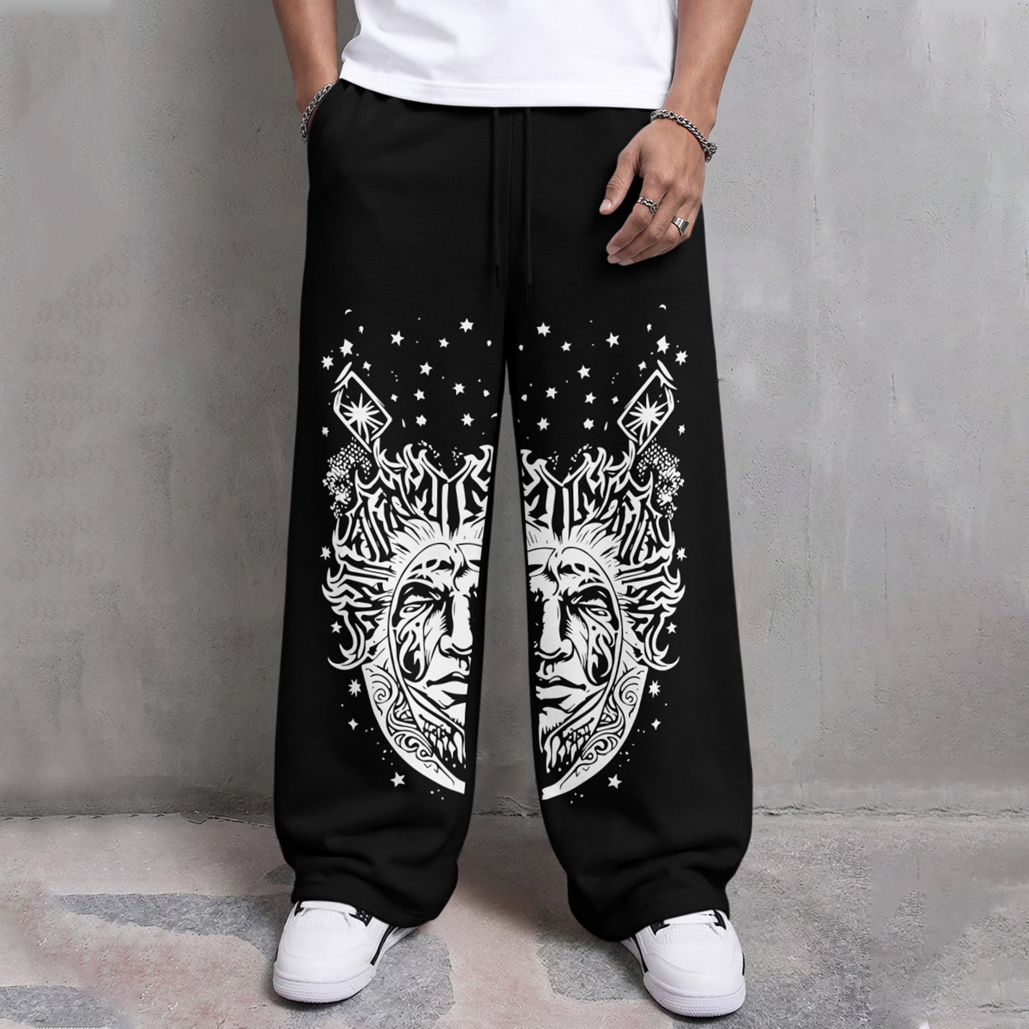 Mens Fine Fabric Printed Loose Fit Black Trackpants