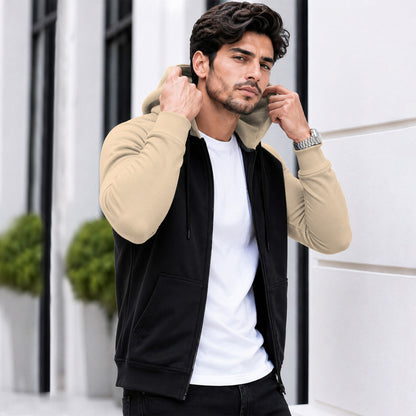 Mens High Neck Color Blocked Casual Winter Jacket Black