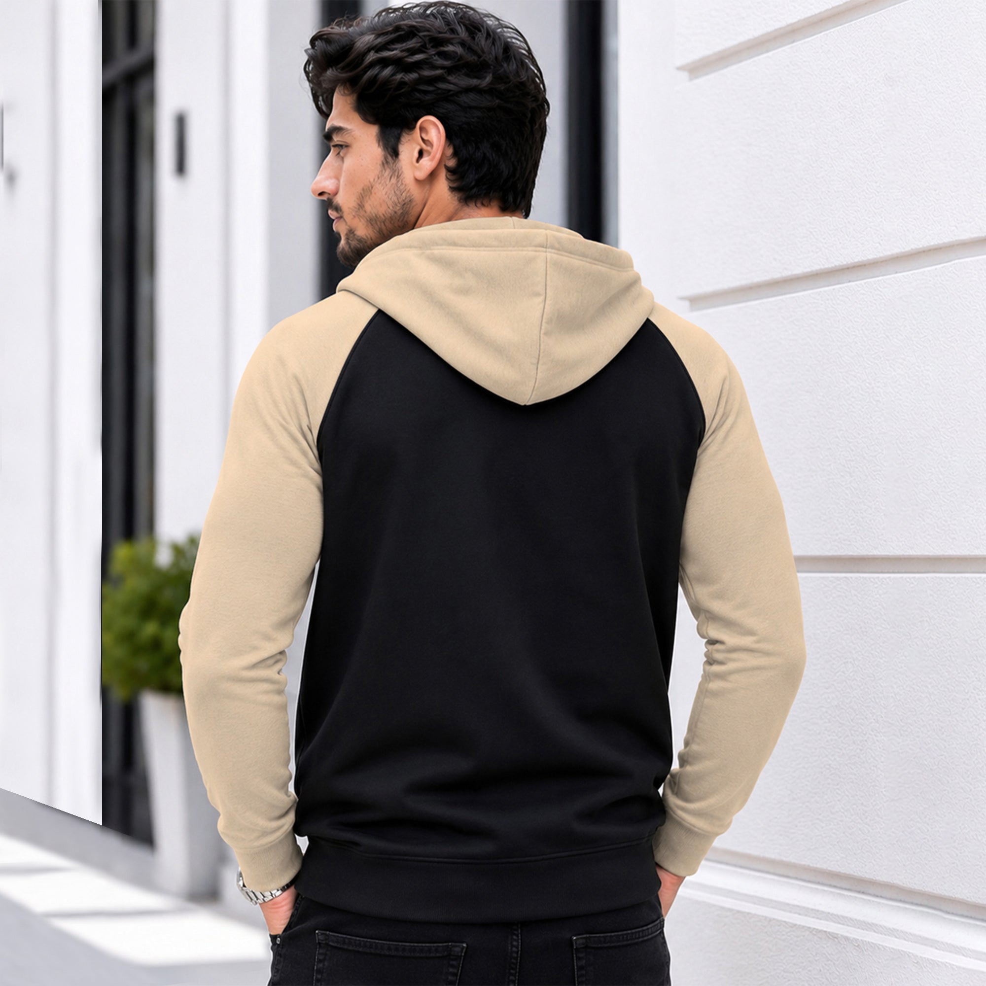 Mens High Neck Color Blocked Casual Winter Jacket Black