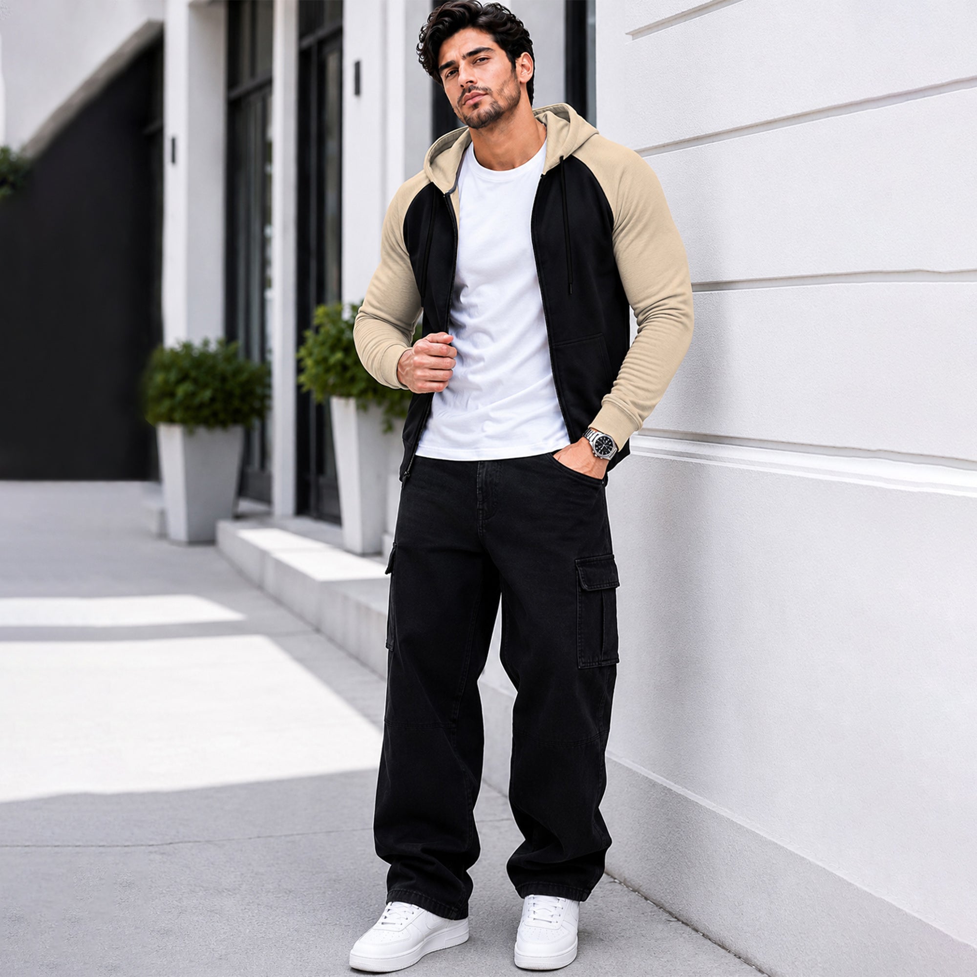 Mens High Neck Color Blocked Casual Winter Jacket Black
