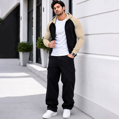 Mens High Neck Color Blocked Casual Winter Jacket Black