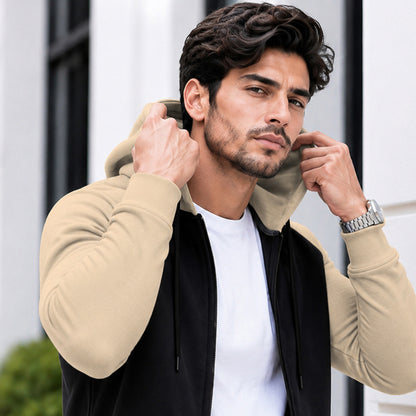Mens High Neck Color Blocked Casual Winter Jacket Black