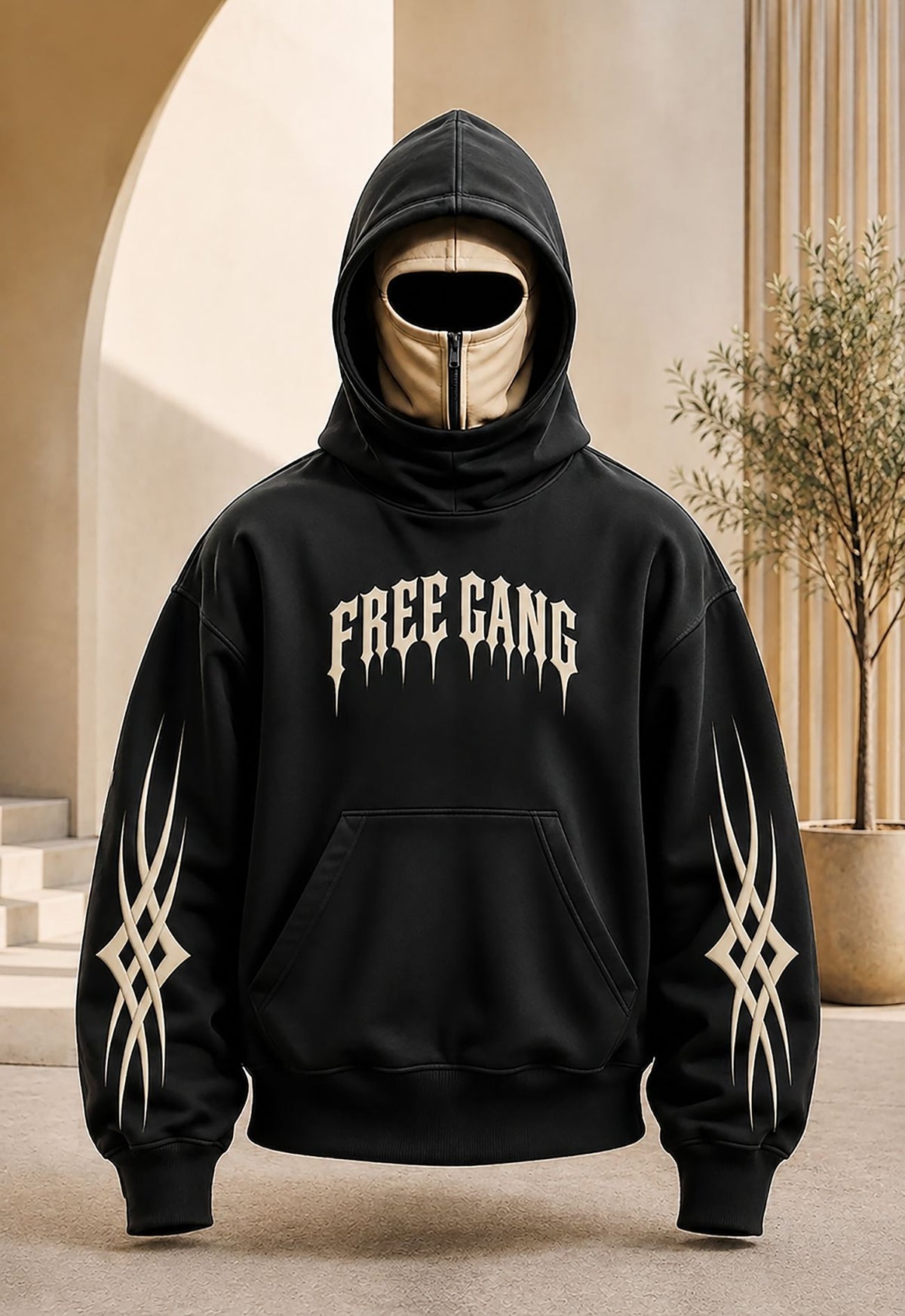 Men Dual Color Hooded Mask Printed Sweatshirt Black
