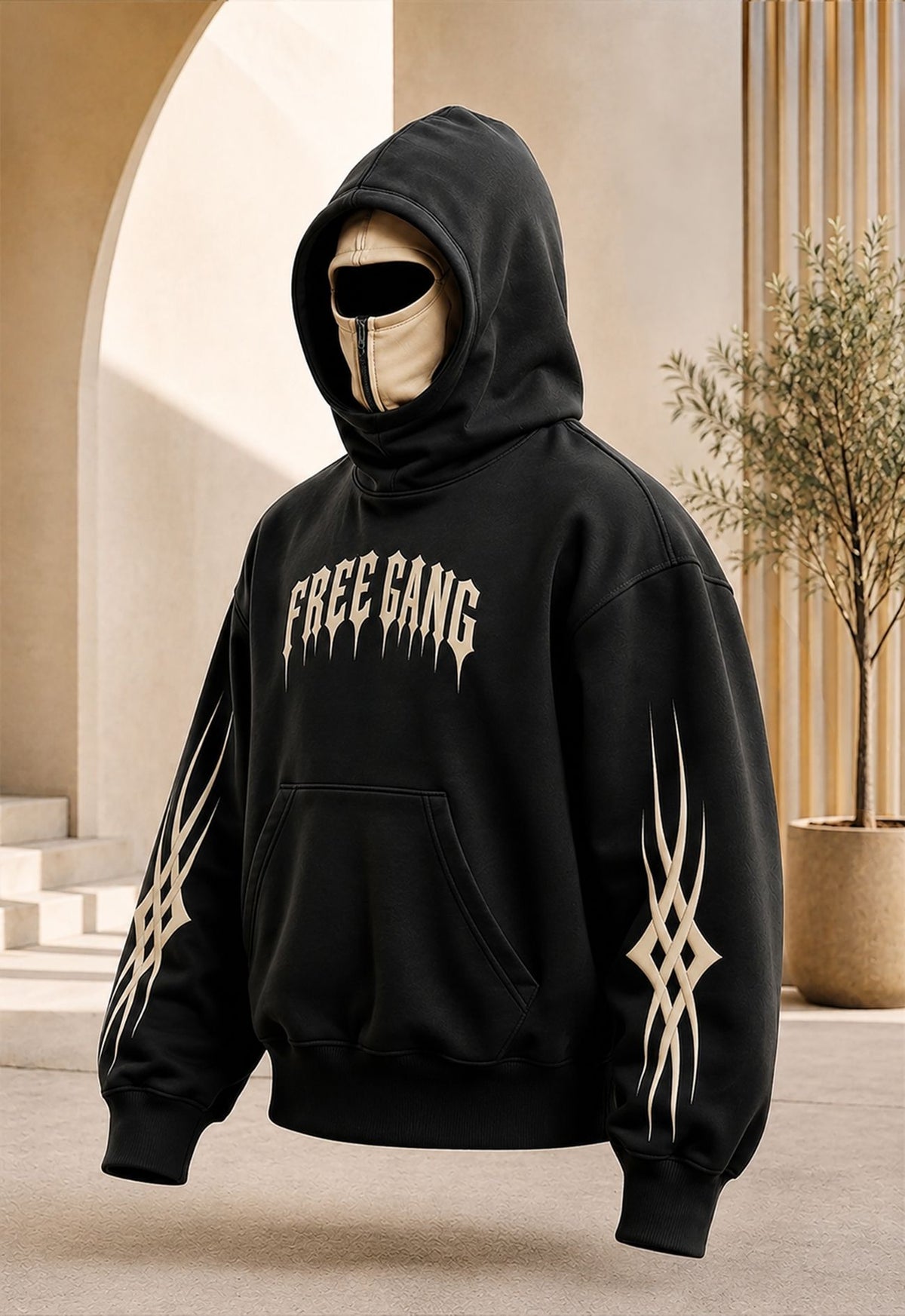 Men Dual Color Hooded Mask Printed Sweatshirt Black