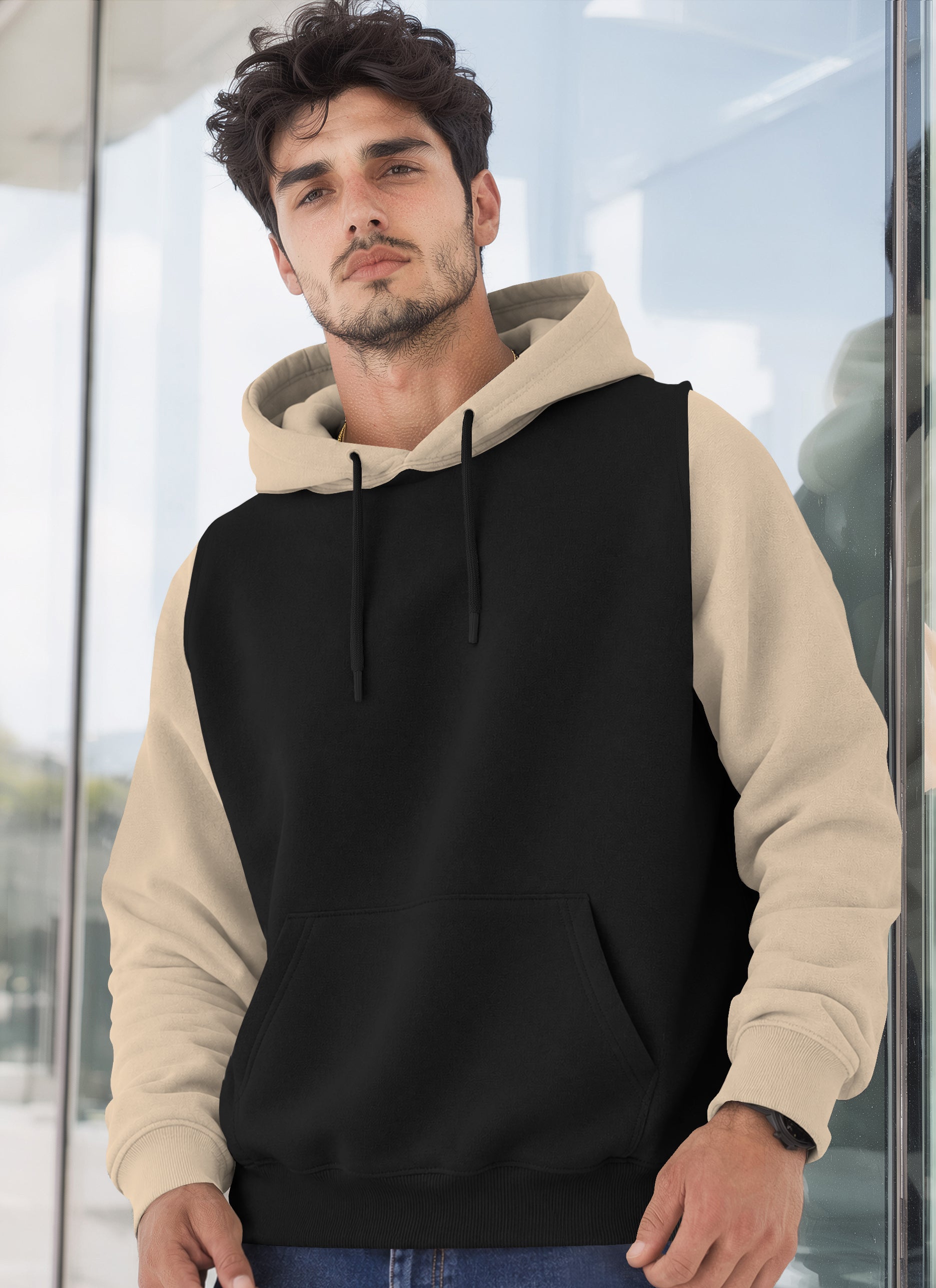 Mens Full Sleeve Two-Tone Casual Pullover Hoodie Black