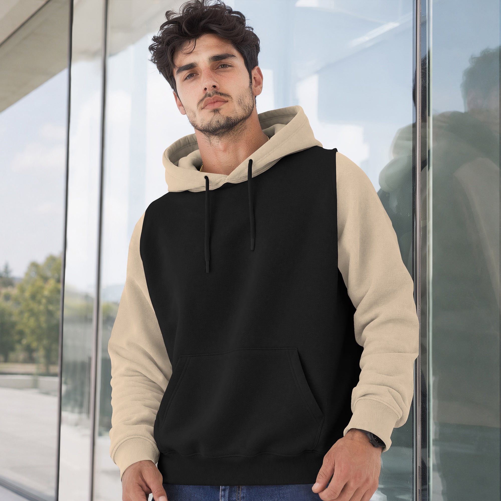 Mens Full Sleeve Two-Tone Casual Pullover Hoodie Black