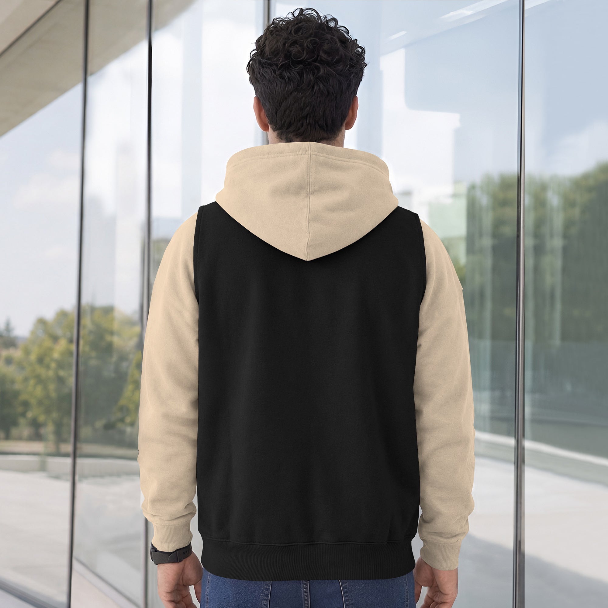 Mens Full Sleeve Two-Tone Casual Pullover Hoodie Black