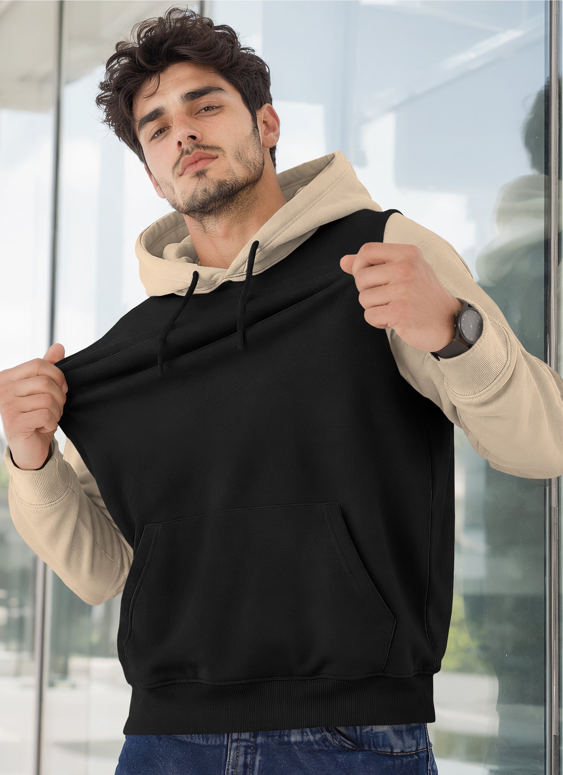 Mens Full Sleeve Two-Tone Casual Pullover Hoodie Black