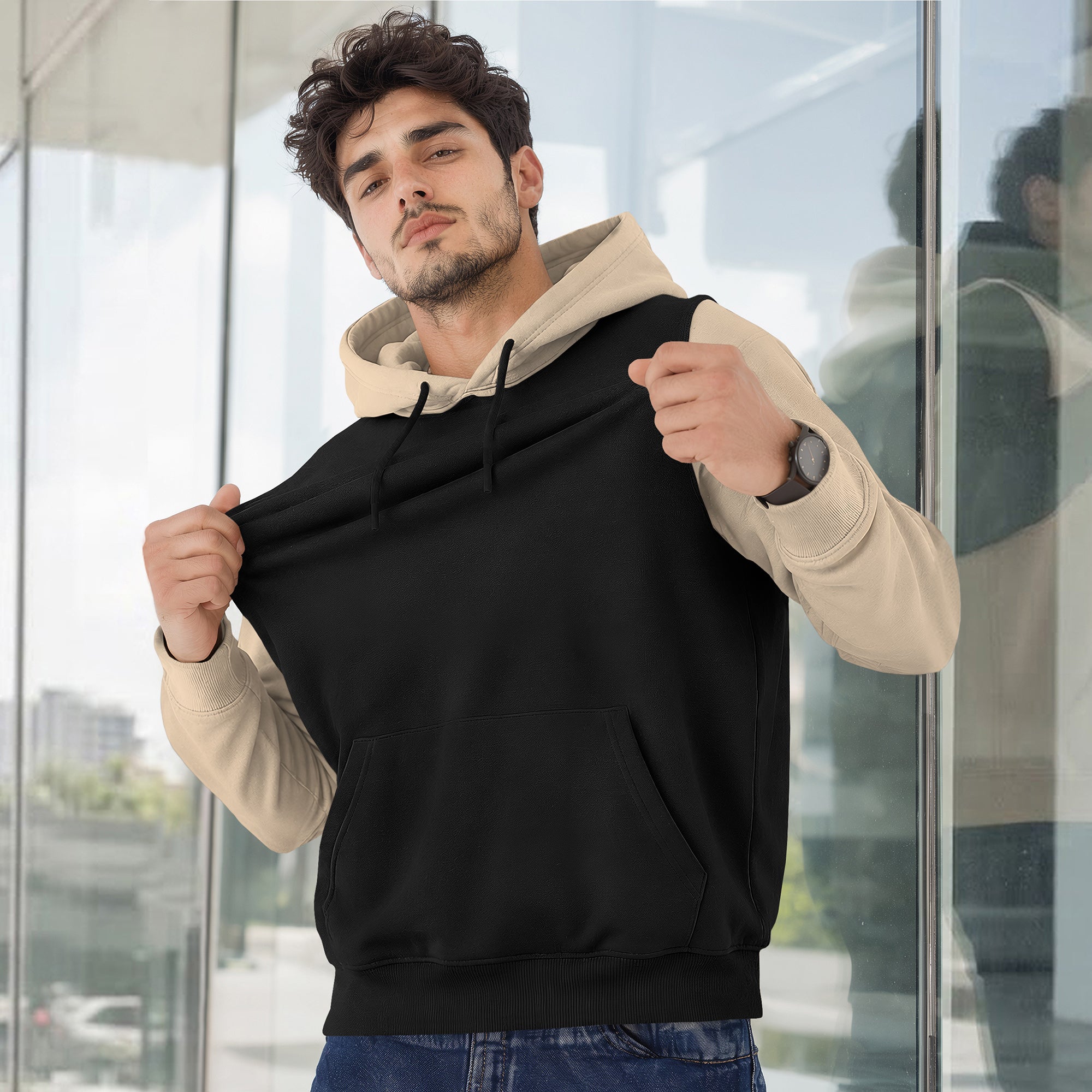 Mens Full Sleeve Two-Tone Casual Pullover Hoodie Black