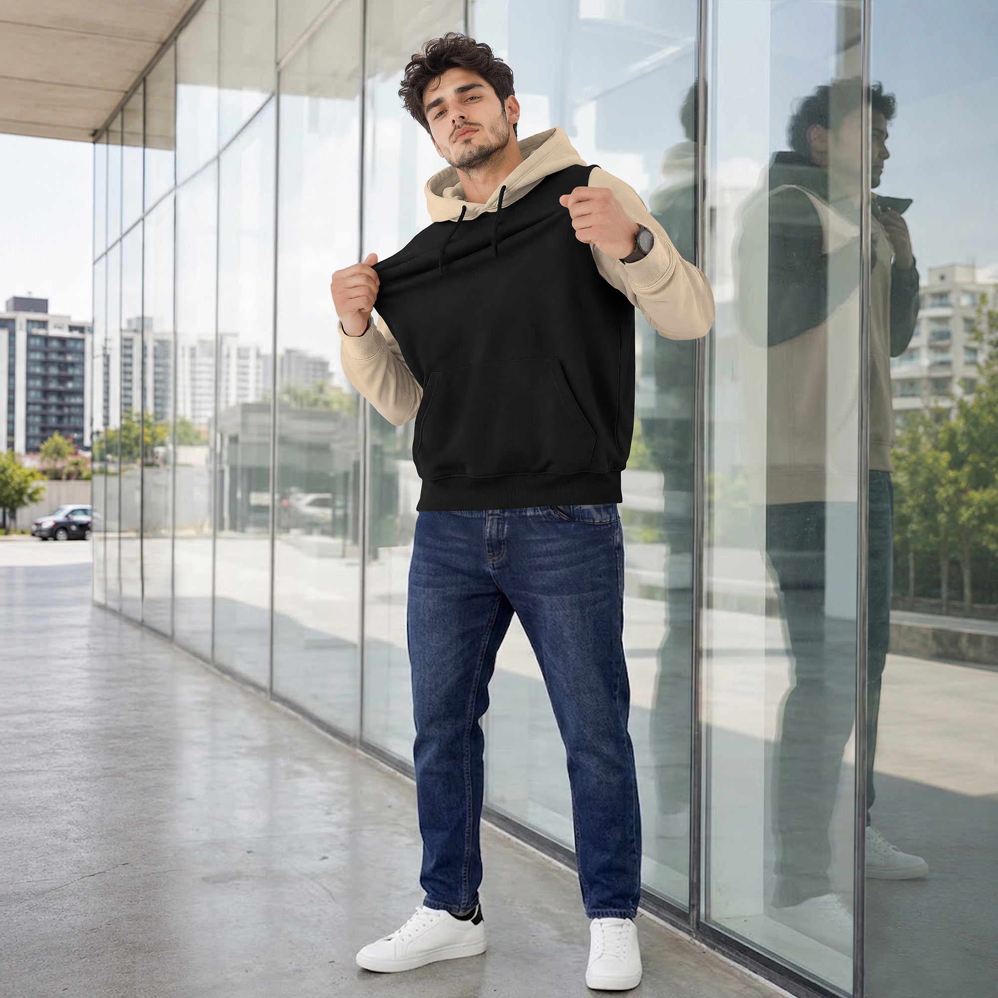 Mens Full Sleeve Two-Tone Casual Pullover Hoodie Black