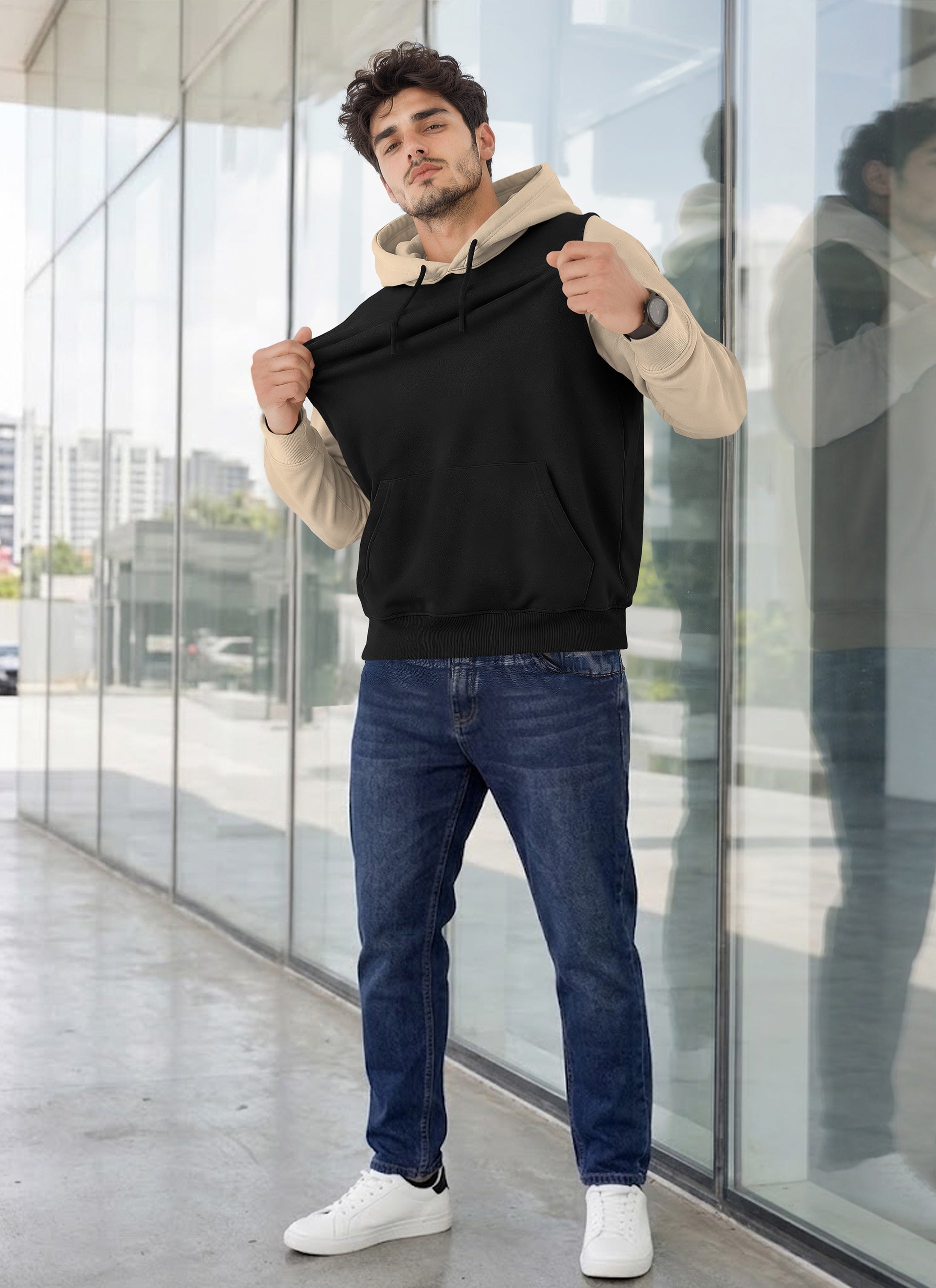 Mens Full Sleeve Two-Tone Casual Pullover Hoodie Black