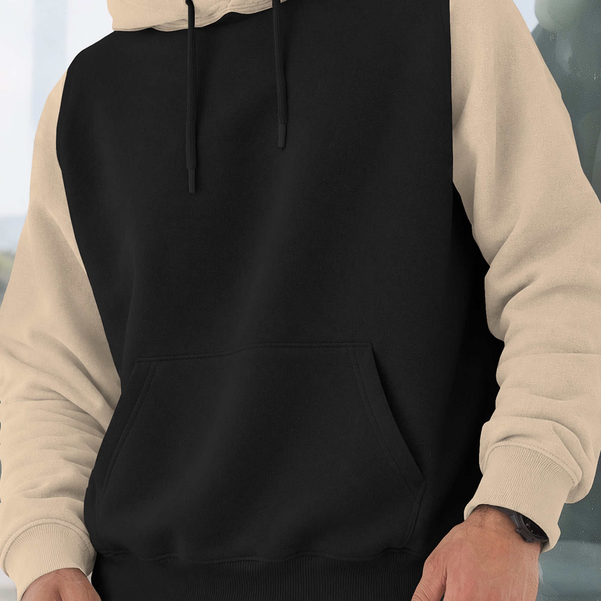 Mens Full Sleeve Two-Tone Casual Pullover Hoodie Black