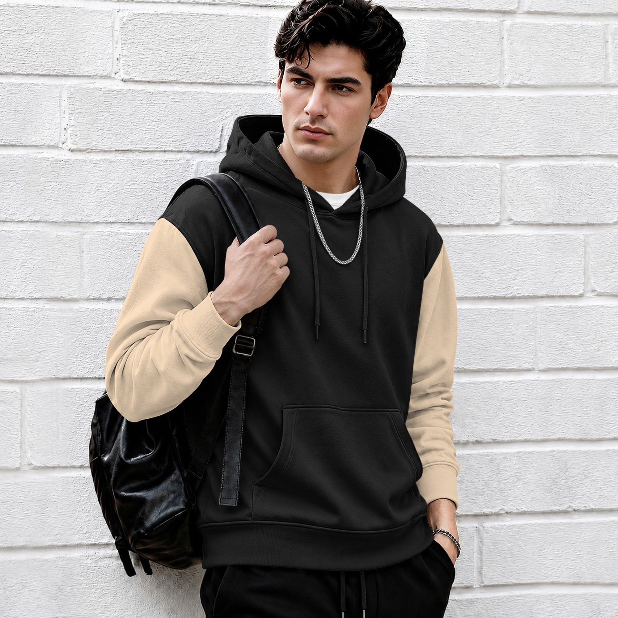 Mens Relaxed Fit Two-Tone Casual Pullover Hoodie Black|Beige
