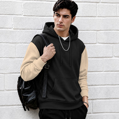 Mens Relaxed Fit Two-Tone Casual Pullover Hoodie Black|Beige