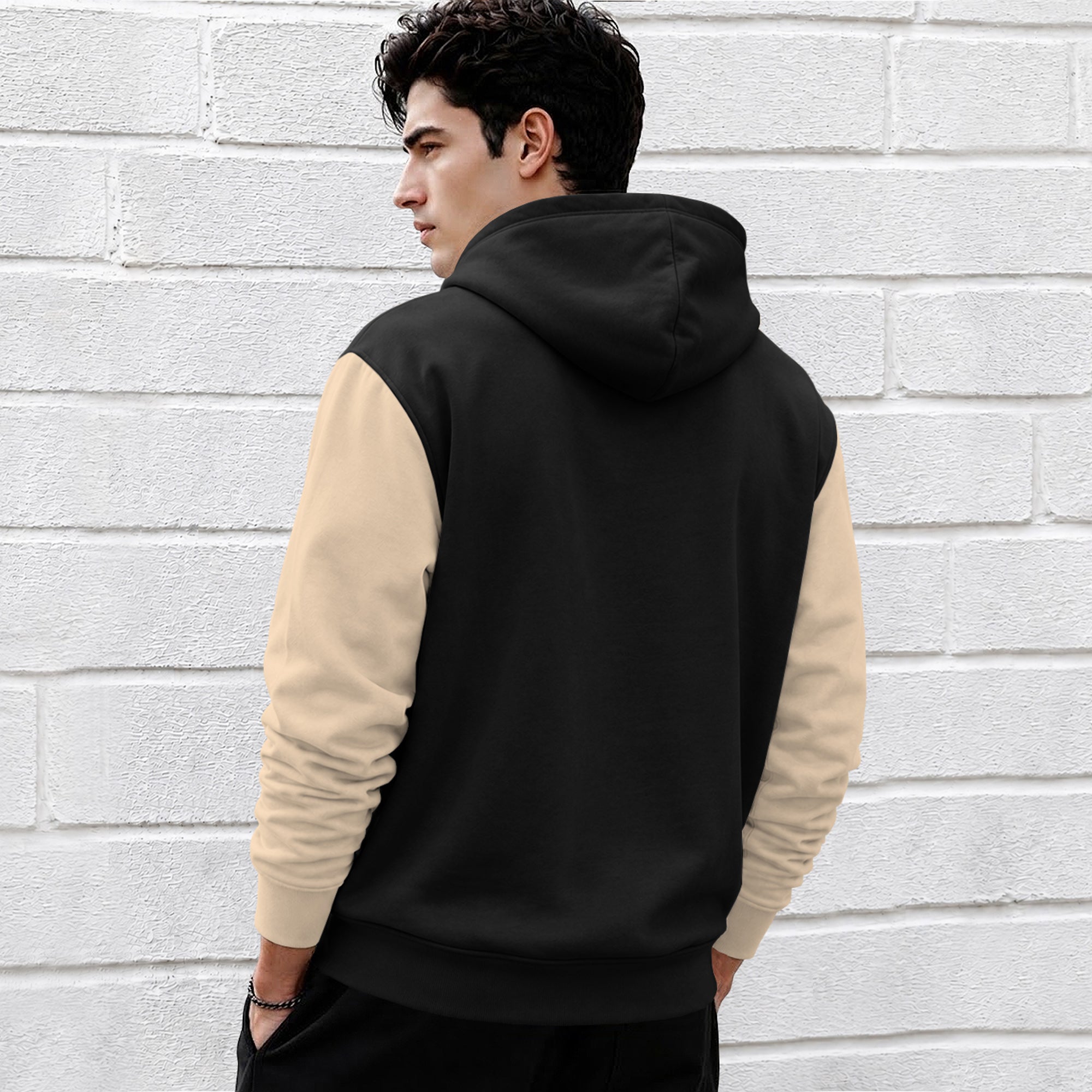Mens Relaxed Fit Two-Tone Casual Pullover Hoodie Black|Beige