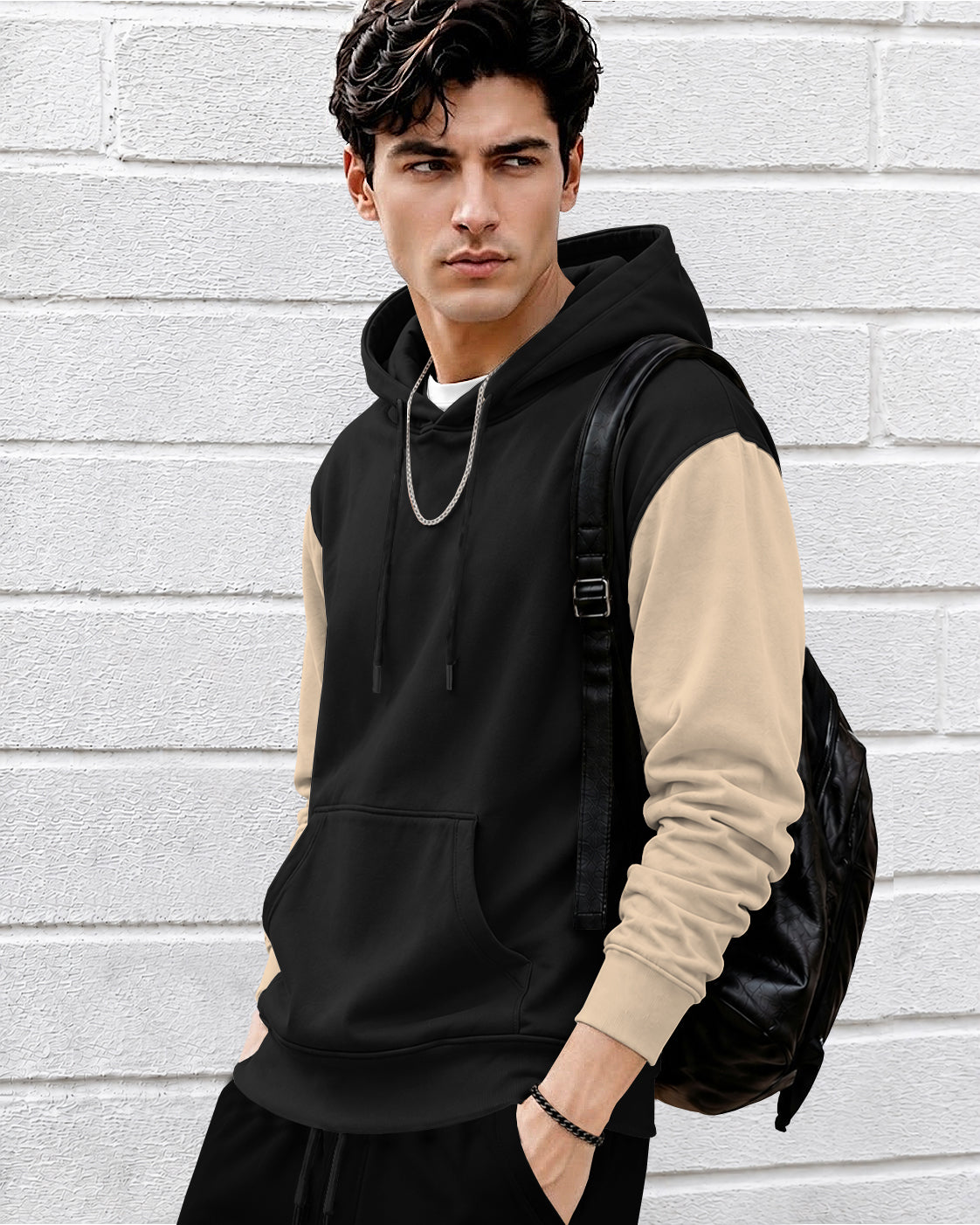 Mens Relaxed Fit Two-Tone Casual Pullover Hoodie Black|Beige