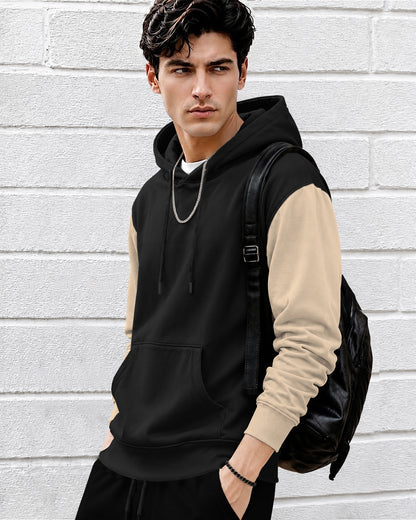 Mens Relaxed Fit Two-Tone Casual Pullover Hoodie Black|Beige