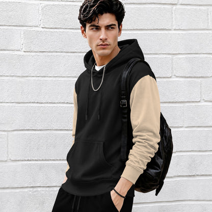 Mens Relaxed Fit Two-Tone Casual Pullover Hoodie Black|Beige