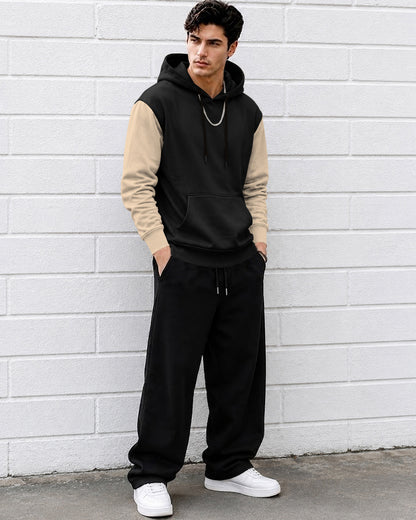 Mens Relaxed Fit Two-Tone Casual Pullover Hoodie Black|Beige