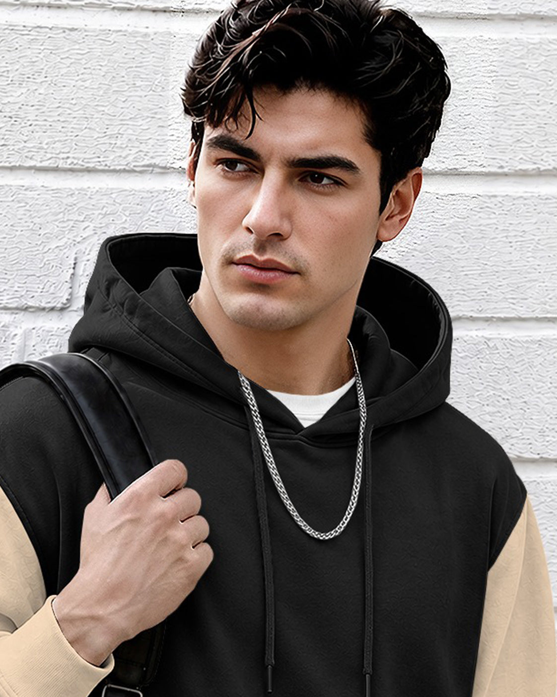 Mens Relaxed Fit Two-Tone Casual Pullover Hoodie Black|Beige