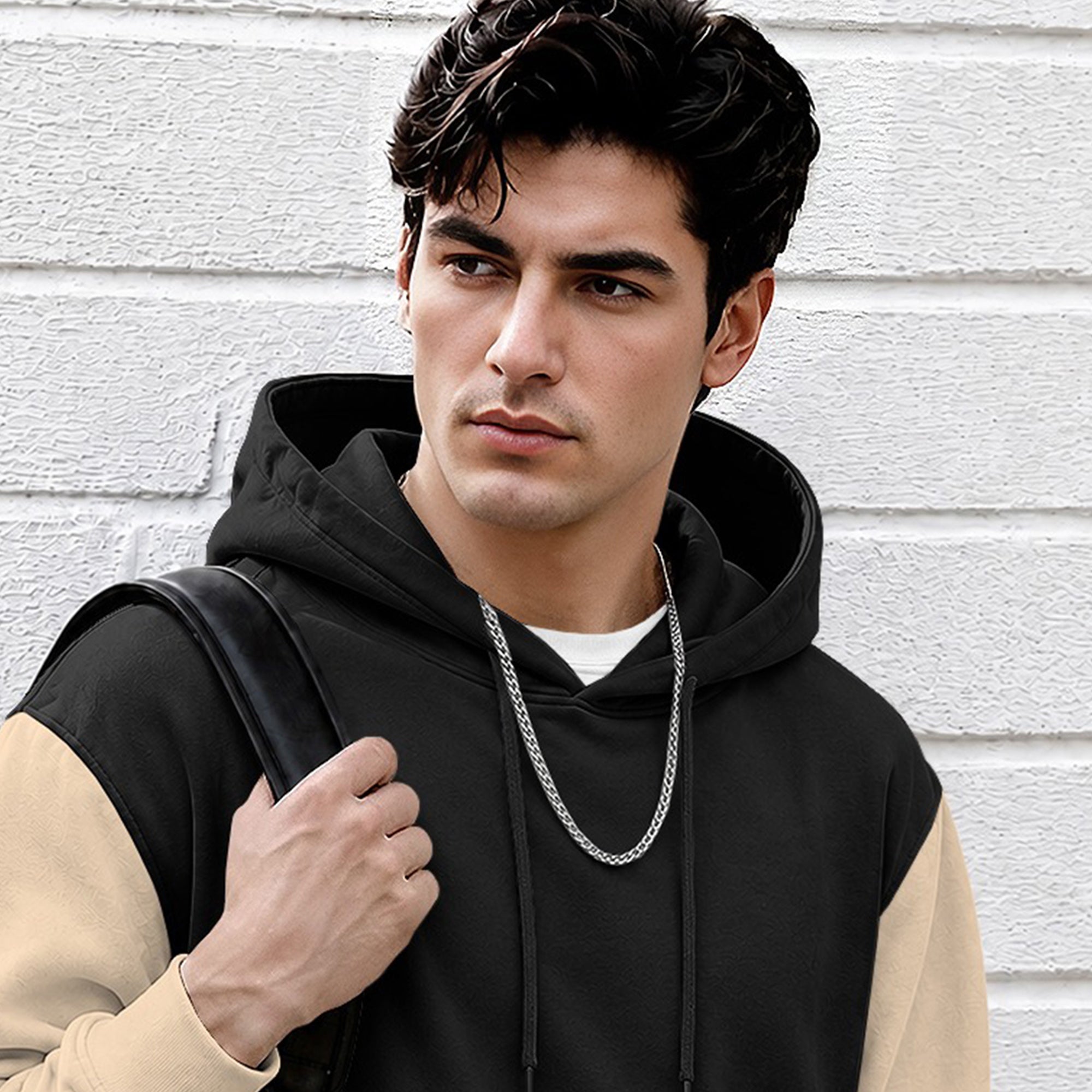Mens Relaxed Fit Two-Tone Casual Pullover Hoodie Black|Beige