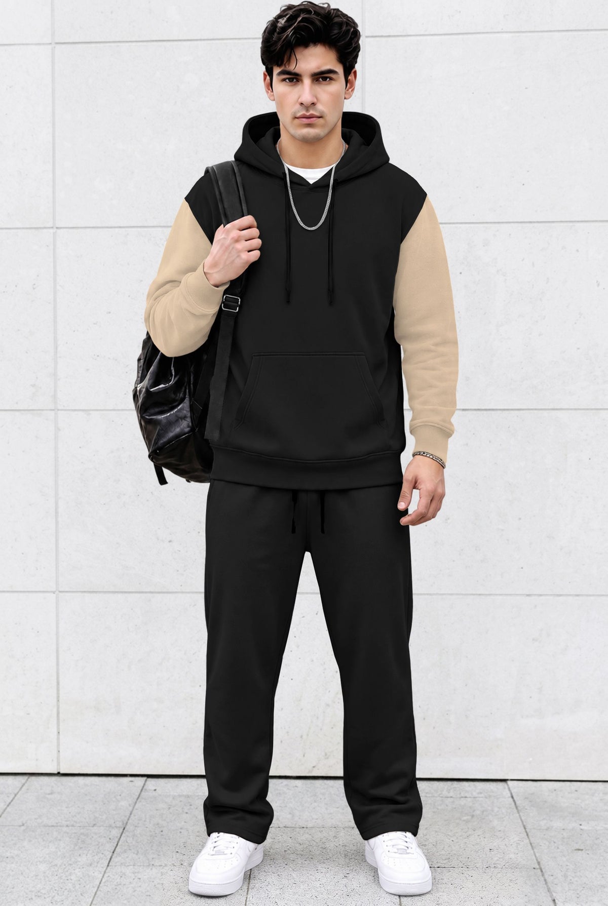 Tracksuit Men Hooded Sweatshirt & Loose Fit Plain Trackpants