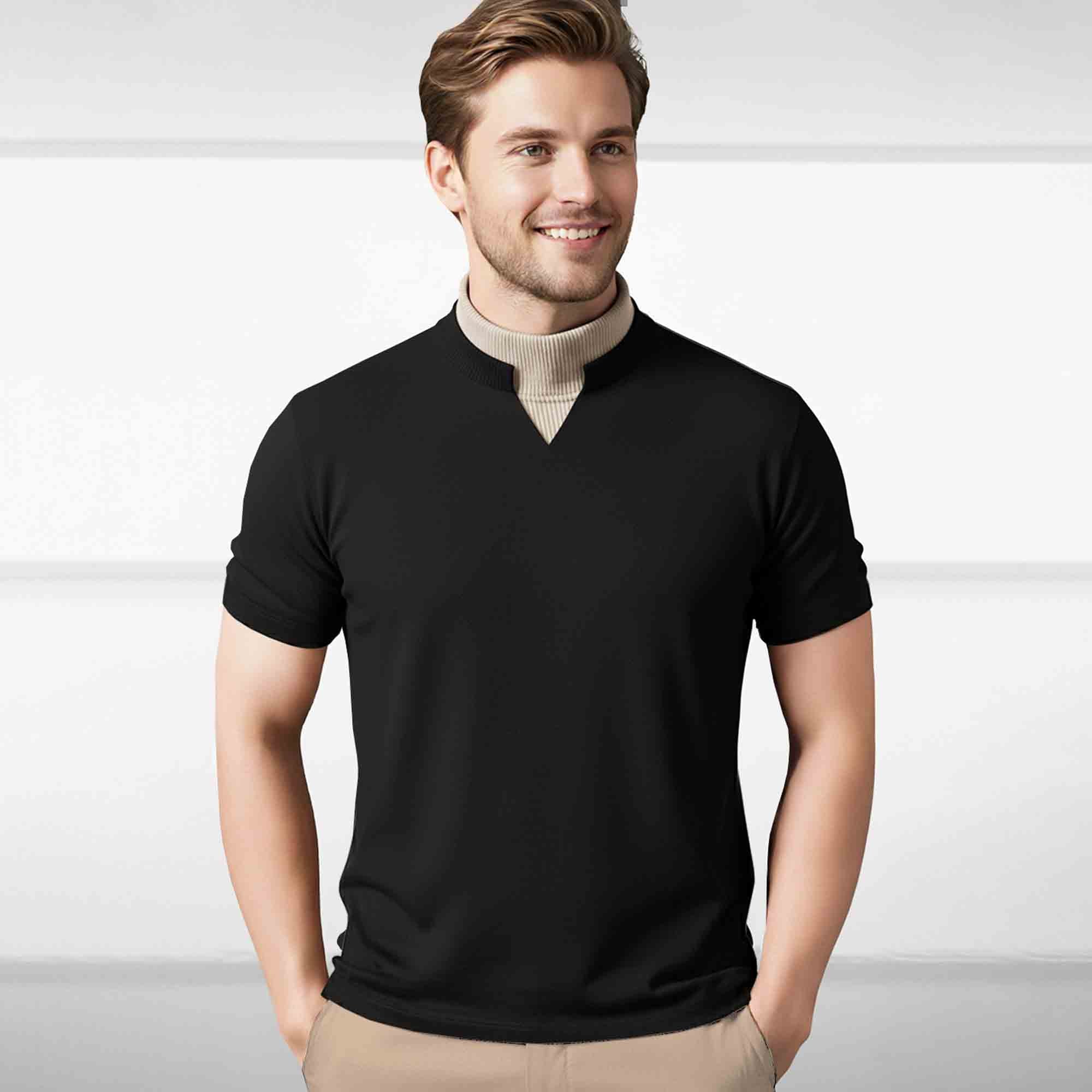 Men Mock Neck Contrast T-Shirt, Black Beige – TRIPR